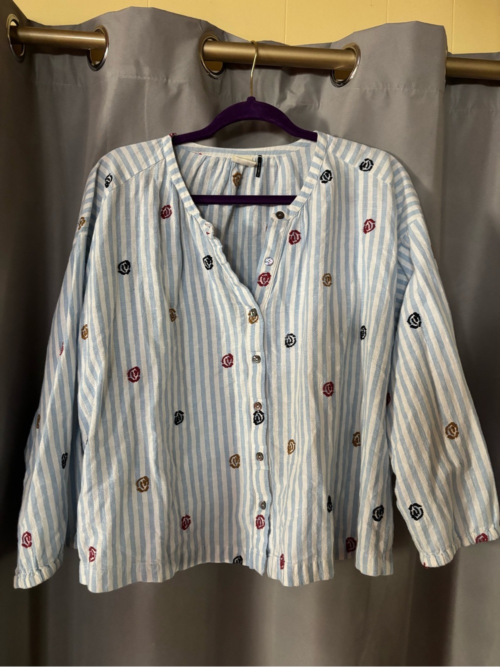 Akemi+ Kin Striped Button Front Embroidered Cotton Top - Light Blue & White